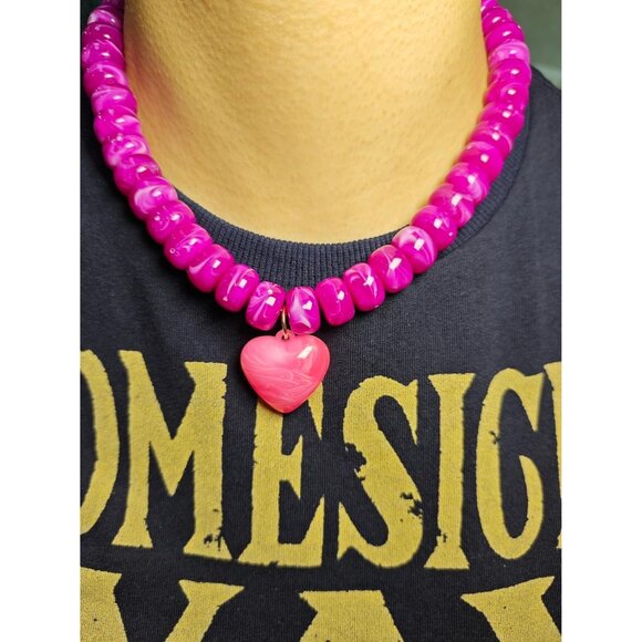 Women's Pink Heart Pendant Beaded Statement Boho Beautiful Chokers Necklace - Picture 4 of 8